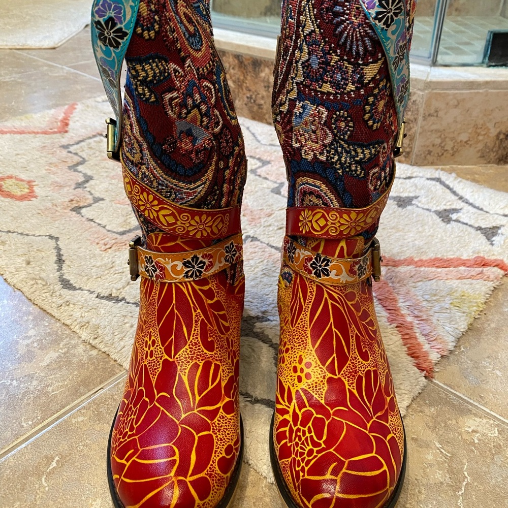 Soffia Brown Floral Tie Accent Leather Vintage Knee High Boots - Picture 5 of 9